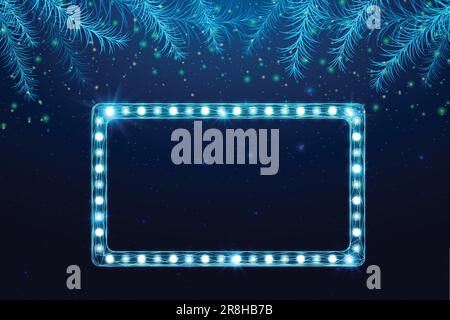 Wireframe Christmas tree branches and light billboard, low poly style. New Year banner. Abstract modern 3d vector illustration on blue background Stock Vector