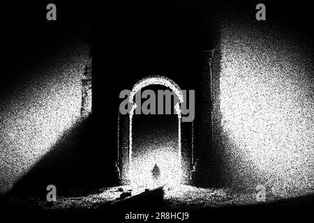 Ancient ruins in sci-fi scene with dotwork retro style. Mysterious gate debris with dramatic lights and retro texture Stock Vector