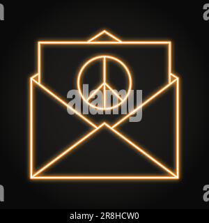 Mail with peace sign neon icon. Open envelope with paper inside, pacifism symbol. Vector illustration. Stock Vector