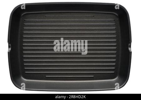 Empty rectangle grill frying pan, front view, close-up shot, isolated on white background Stock Photo