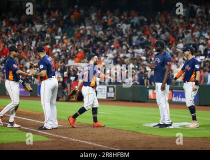 Houston Astros shortstop Jeremy Pena and outfielder Yordan Alvarez talk  while waiting to take batting practice before a baseball game against the  Seattle Mariners, Saturday, July 8, 2023, in Houston. (AP Photo/Kevin