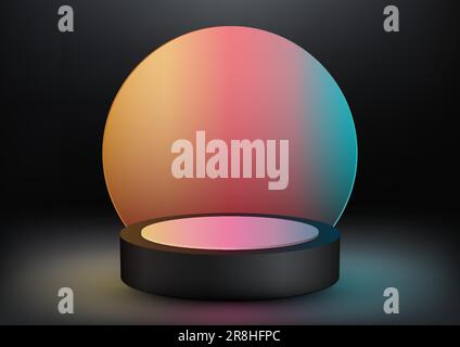 3D realistic empty black podium stand with colorful circle backdrop on black background modern style. Use for product display presentation, cosmetic d Stock Vector