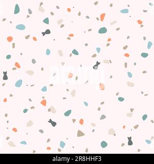 Terrazzo flooring vector seamless pattern in dark colors. Cute stone pattern with cat silhouette. Stock Vector