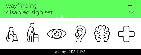 Wayfinding icons. Disabled sign set. Way finding symbols accessible environment for disabilities. Handicap inclusive signage. Wheel chair, blind, deaf, walker and mental disease public place eps signs Stock Vector