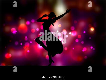 Silhouette of a female singer on a pink bokeh lights background Stock Vector