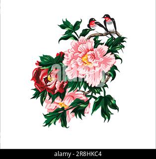 Floral Colorful Greeting Card with Birds and peonies. Vintage Vector Illustration Stock Vector