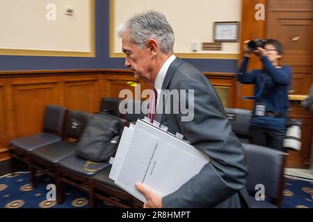 Washington, United States. 21st June, 2023. Federal Reserve Board Chairman Jerome Powell exits for a break before the House Financial Services Committee in a hearing on Capitol Hill in Washington, DC on Wednesday, June 21, 2023. Photo by Ken Cedeno/UPI Credit: UPI/Alamy Live News Stock Photo