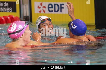 Justine Delmas 2nd place, Fantine Lesaffre 3rd place, Charlotte Bonnet 1st place, Final 200 M breaststroke during the French Elite Swimming Championships on June 12, 2023 in Rennes, France - Photo Laurent Lairys / DPPI Stock Photo