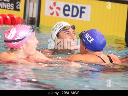 Justine Delmas 2nd place, Fantine Lesaffre 3rd place, Charlotte Bonnet 1st place, Final 200 M breaststroke during the French Elite Swimming Championships on June 12, 2023 in Rennes, France - Photo Laurent Lairys / DPPI Stock Photo