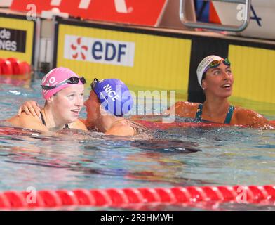 Justine Delmas 2nd place, Fantine Lesaffre 3rd place, Charlotte Bonnet 1st place, Final 200 M breaststroke during the French Elite Swimming Championships on June 12, 2023 in Rennes, France - Photo Laurent Lairys / DPPI Stock Photo