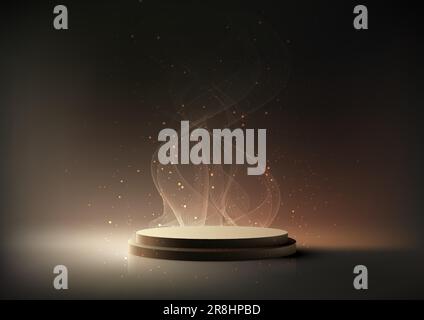 3D realistic empty gold podium stand with smoke and dust particles elements scene on dark background with lighting effect luxury style. Use for produc Stock Vector