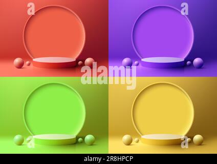 Set of 3D realistic empty bright color podium stand with circle backdrop on vivid background decoration with sphere balls. Use for presentation, cosme Stock Vector