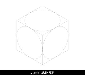 isometric drawing of a cube with circles inscribed Stock Vector