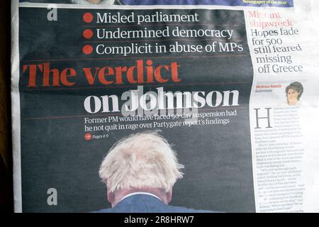 'The verdict on Johnson' Guardian newspaper headline front page Boris Johnson House of Commons privileges committee article 16 June 2023 London UK Stock Photo