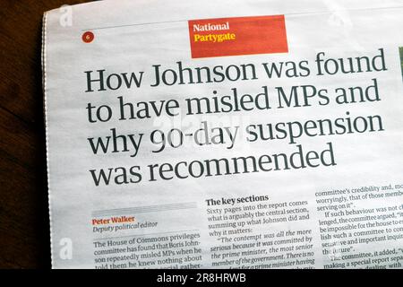'How Johnson was found to have misled MPs and why 90-day suspension was recommended' newspaper headline privileges committee17 June 2023 London UK Stock Photo