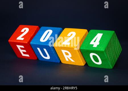 Euro 2024, European football championship in Germany, Year and name of the event, Text on colored wooden blocks, Football and sports concept, copy spa Stock Photo