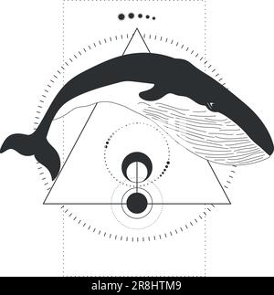 Abstract animal tattoo with a whale and geometric elements isolated on white background. Vector illustration Stock Vector