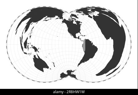 Vector world map. Rectangular (War Office) polyconic projection. Plain world geographical map with latitude and longitude lines. Centered to 120deg E Stock Vector