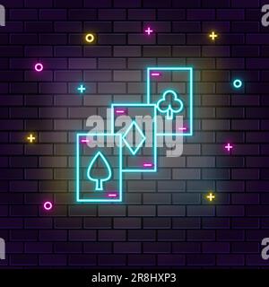 Cards poker casino retro neon on wall. Dark background brick wall neon icon Stock Vector