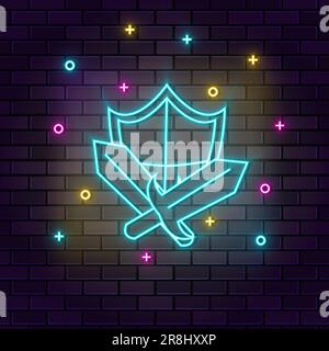 Sward shield retro game element neon on wall. Dark background brick wall neon icon Stock Vector