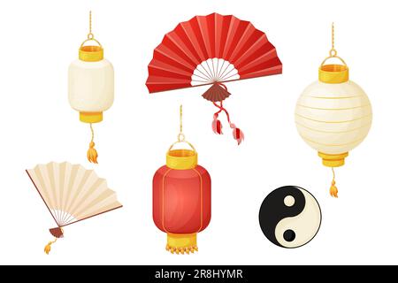 Set traditional lantern, hanging lamp with gold elements and tassel, asian hand fun with wooden and paper material in cartoon style isolated on white background. Vector illustration Stock Vector