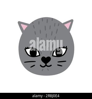 Cute hand drawn cat. Grey animal s face with nice elements, whiskers, eyes . Vectir illustration isolated on white Stock Vector