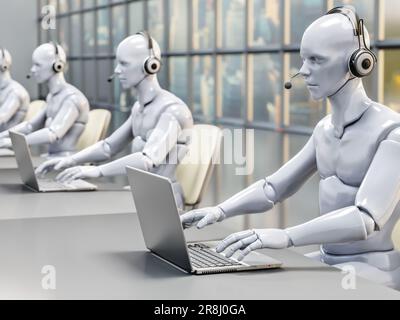 3D rendering of call center with humanoid chat bots as customer-service operators Stock Photo
