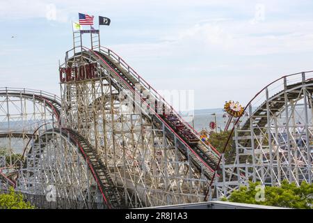Since its debut on June 26, 1927, the Coney Island Cyclone has been a core fixture of the amusement district and is one of Luna Park in Coney Island’s most cherished operating landmarks. As the second-steepest wooden roller coaster in the world, the Cyclone features an adrenaline-charged plunge measuring 85 feet. Stock Photo