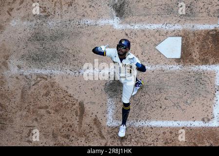 Milwaukee Brewers' Raimel Tapia plays during a baseball game, Tuesday, July  18, 2023, in Philadelphia. (AP Photo/Matt Slocum Stock Photo - Alamy