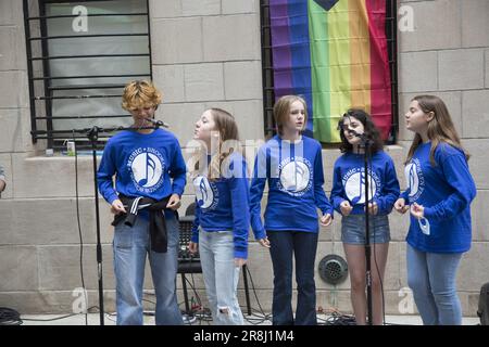 School chorus group perform at The Friends School Fair in downtown Brooklyn, New York. Stock Photo