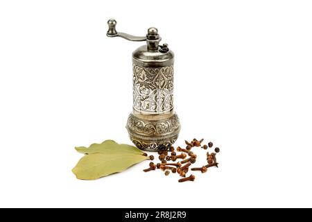 Vintage manual spice grinder on wooden background Stock Photo - Alamy