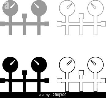 Pressure gauge and pipes manometer pressure meter or vacuum gauge set icon grey black color vector illustration image simple solid fill outline Stock Vector