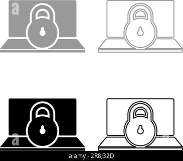 Laptop lock personal data security cyber access concept locked padlock use set icon grey black color vector illustration image simple solid fill Stock Vector