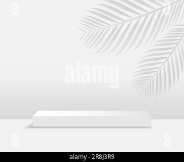 Vector 3D rectangular podium. White pedestal on a light background with a shadow from the leaves. Podium for product presentations Stock Vector