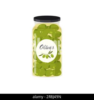 Green ripe olives preserved in a glass jar. Food label or packaging design. Canned olive vector icon isolated on white background. Stock Vector