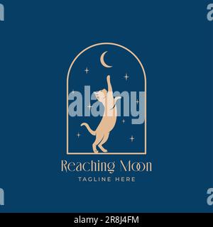 Cat reaching for the moon abstract vector logo template. Cat silhouette on the night arch window with moon and stars in the sky background Isolated Stock Vector