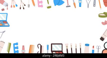 Makeup tools in horizontal banner. Women's cosmetics. Manicure and pedicure tools, cosmetic cream, brushes, nail polish, sponge, comb, massage roller. Stock Vector