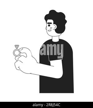 Young hispanic man holding diamond engagement ring monochromatic flat vector character Stock Vector