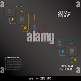 Vector dark Infographic template with white rounded square cards in diagonal order with icons titles and descriptions. Simple minimalistic time line s Stock Vector