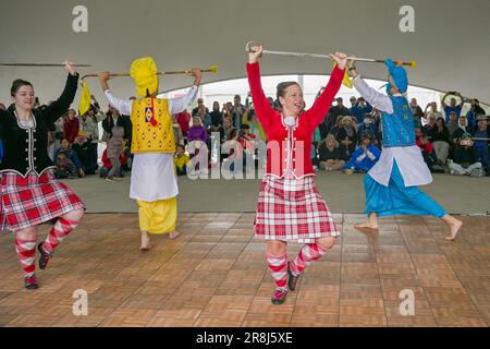 Dance Fusion collaboration with Highland and Punjabi Bhangra dancers, Scotfest,Town Centre Park, Coquitlam, British Columbia, Canada, Stock Photo