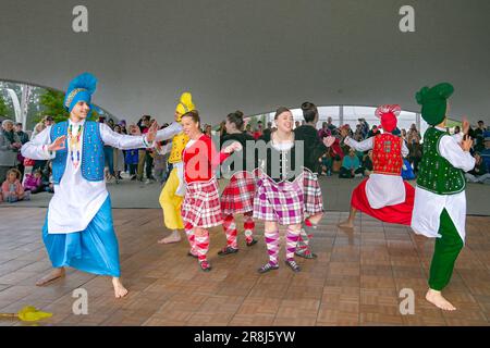 Dance Fusion collaboration with Highland and Punjabi Bhangra dancers, Scotfest,Town Centre Park, Coquitlam, British Columbia, Canada, Stock Photo