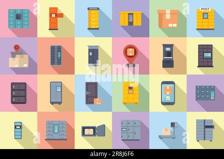 Self-service parcel delivery icons set flat vector. Locker automat. Parcel station Stock Vector