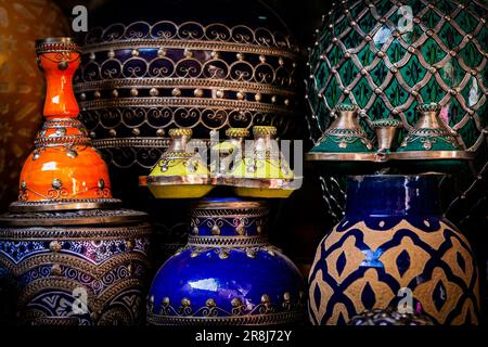 Exhibition of Vases and Amphorae, decorated and gilded.. Fez is a city in northeast Morocco often called the country's cultural capital. It is mostly Stock Photo