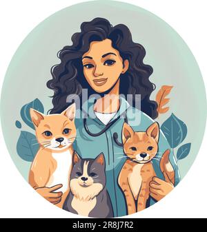 Vector illustration of a female veterinarian with three cats Stock Vector
