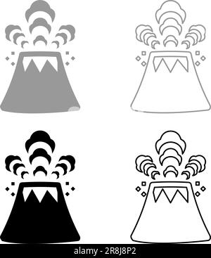 Volcano spewing lava and rocks set icon grey black color vector illustration image simple solid fill outline contour line thin flat style Stock Vector