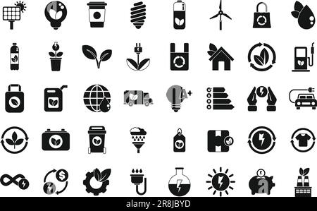 Environmentally friendly consumption icons set simple vector. Bio acumulator. Green energy Stock Vector