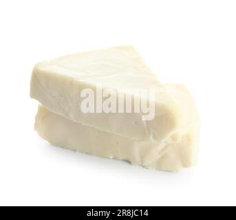 Triangles of tasty processed cheese on white background Stock Photo