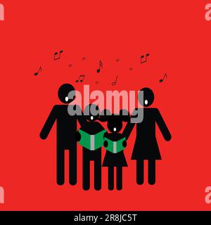 Silhouettes of adults and children singing on red background Stock Vector