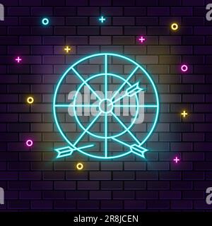 Dartboard target circle neon on wall. Dark background brick wall neon icon Stock Vector
