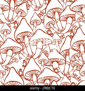 Mushrooms monochrome surface pattern design. Retro seamless pattern with hand drawn groovy mushrooms Stock Vector